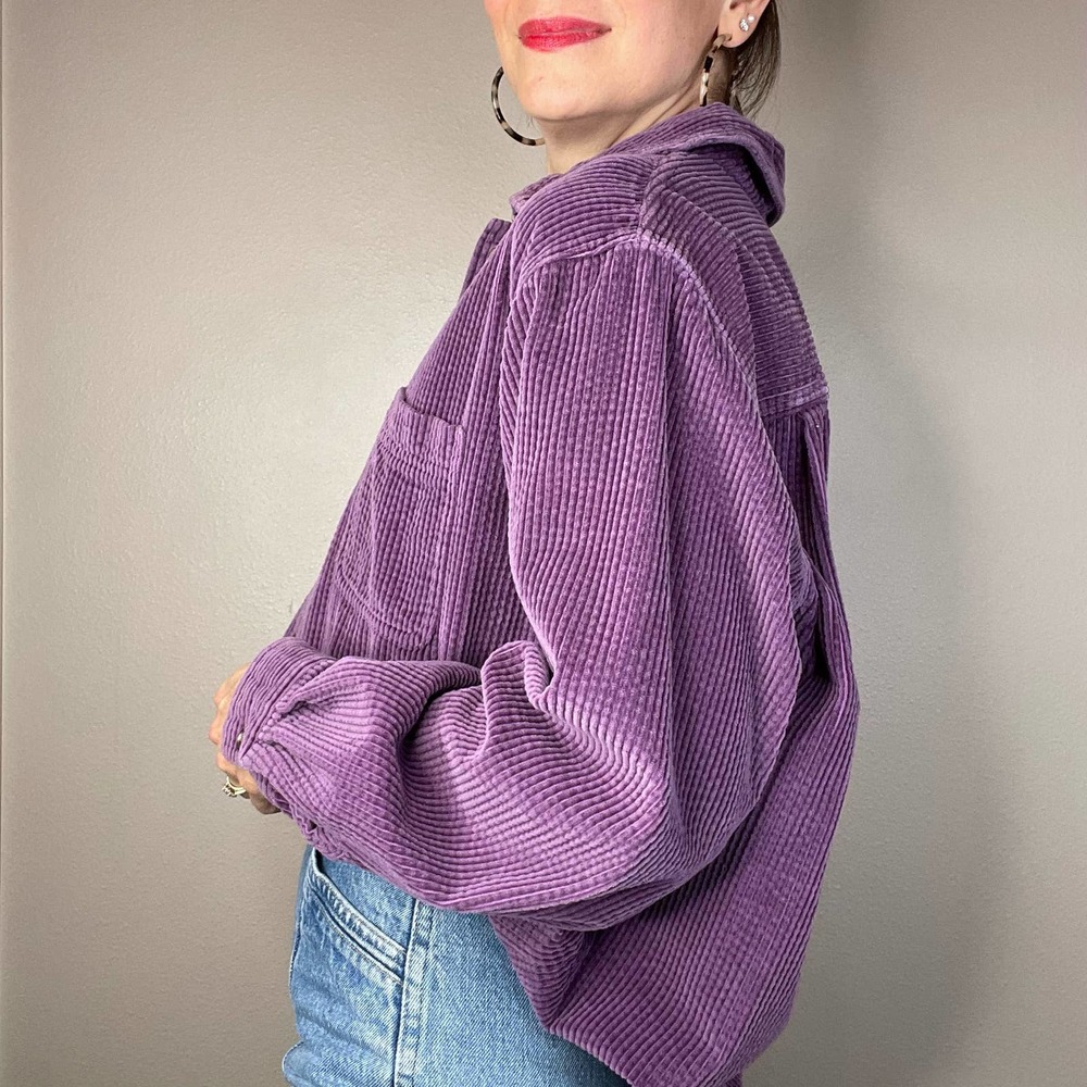 LL Bean wide wale corduroy aubergine purple button-down collared shirt L - Picture 14 of 17